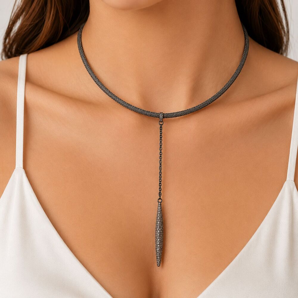 New Chico's Eliza Hanging Crystal Encrusted Pendant Gunmetal Collar Necklace
